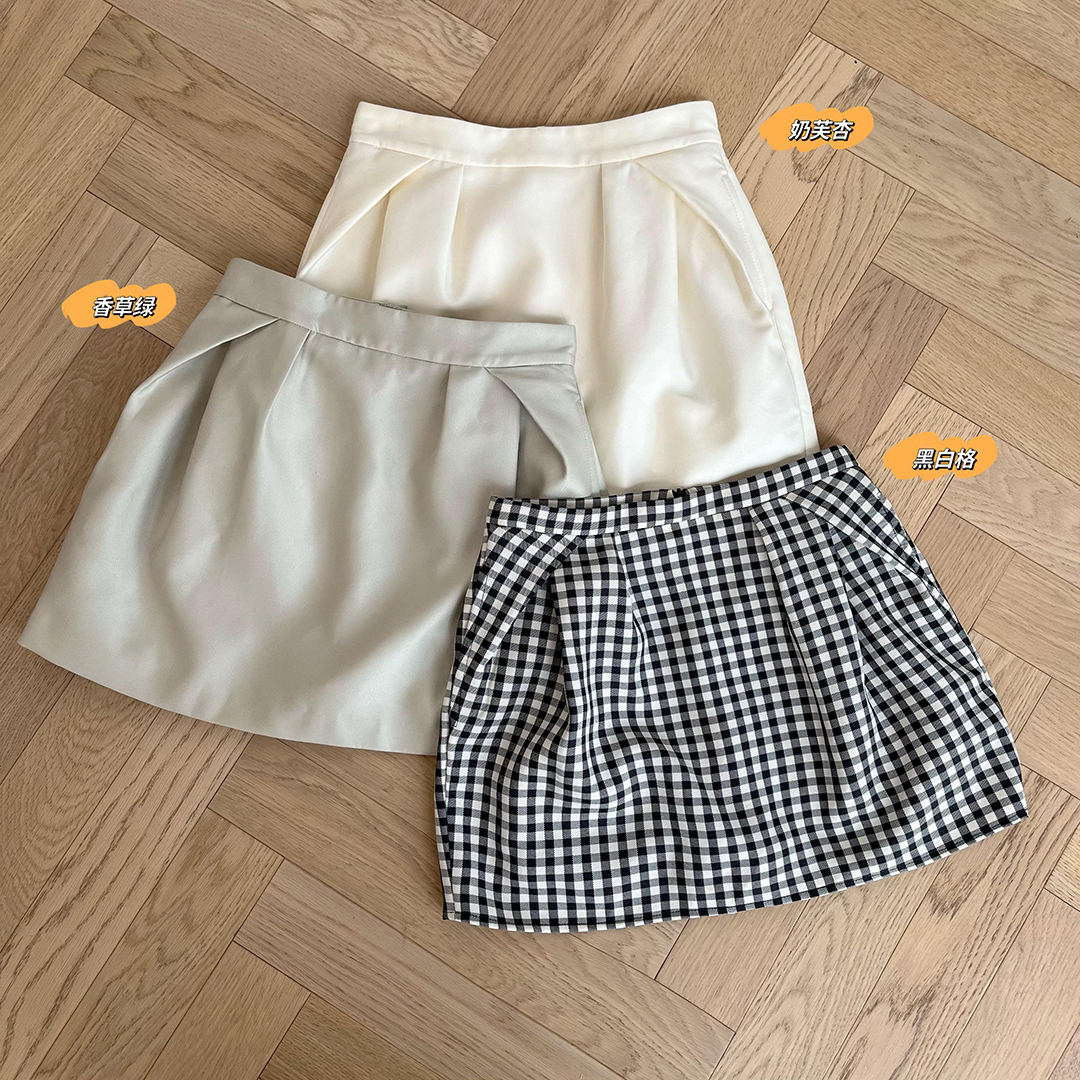 娜娜家 麻豆/巴黎橱窗超好搭的小短裙花苞廓形纯色/格子A字半身裙
