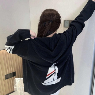 TB学院风后背帆船羊毛针织连帽开衫女秋冬新款拉链长袖外套毛衣潮