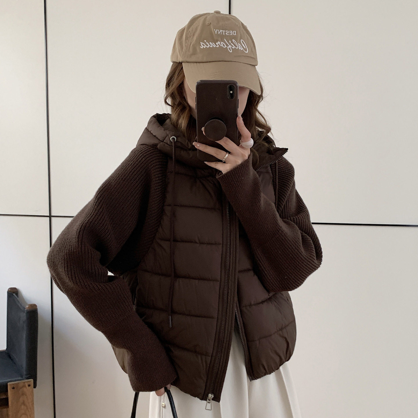 轻薄针织拼接棉衣服女装假两件新短款秋冬季连帽设计感小个子外套