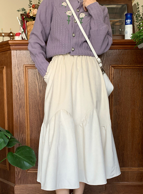 日系丝绒白色半身裙女秋冬长裙小个子裙子蛋糕裙森系中长款配毛衣