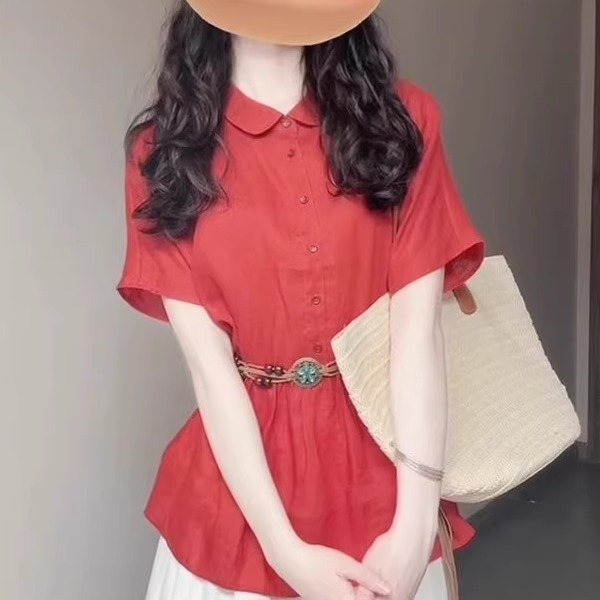 法式别致红色短袖衬衫女20