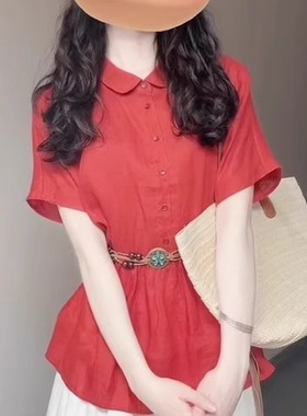 法式别致红色短袖衬衫女2025年夏季新款小个子独特超好看别致上衣