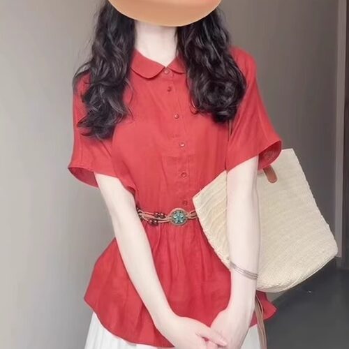 法式别致红色短袖衬衫女2026