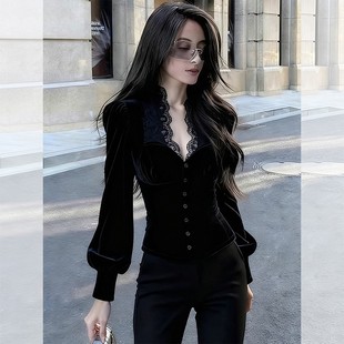 黑色丝绒衬衫女款衬衣2025新款高级感轻奢减龄洋气巨好看收腰上衣