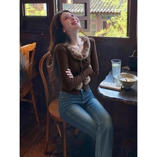 纯欲甜辣妹咖色复古长袖打底衫女内搭设计感毛领系绳绝美上衣秋冬