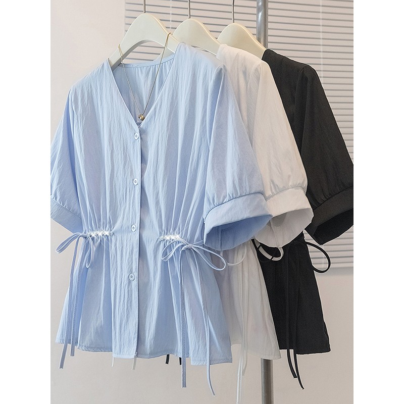 大码女装胖m法式V领蓝色