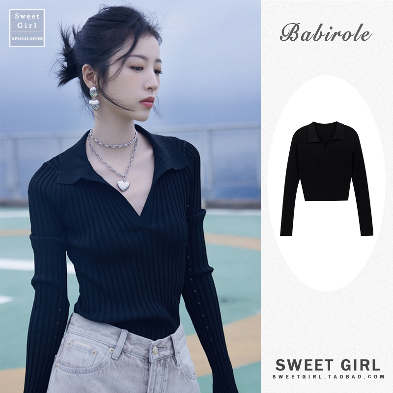 polo周雨彤同款早秋法式黑色毛衣