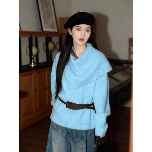 蓝色披肩式宽松毛衣女秋冬高级感温柔富家千金感独特漂亮减龄上衣