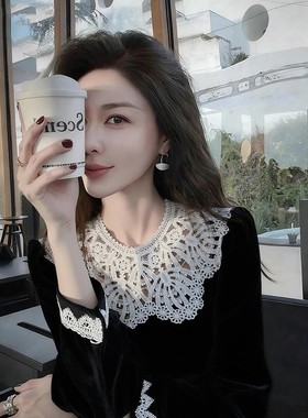 轻奢风黑色蕾丝拼接圆领衬衫长袖女款秋季新款高端别致漂亮小衬衣