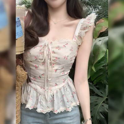 法式碎花方领小飞袖衬衫女