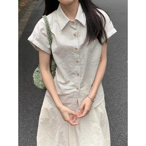 韩系条纹短袖短款衬衫女设计感