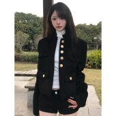新款 美式 复古巨好看黑色小香风短外套女2025秋季 休闲正肩夹克上衣