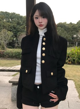 美式复古巨好看黑色小香风短外套女2025秋季新款休闲正肩夹克上衣