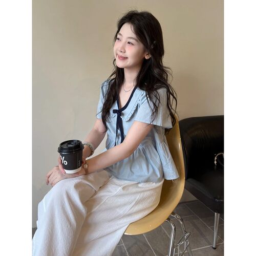 甜美撞色娃领短袖衬衫女夏