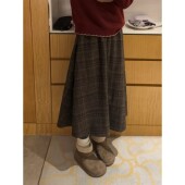 棕咖色毛呢半身裙大码 女装 秋冬遮胯显瘦a字格子梨型身材伯克利裙