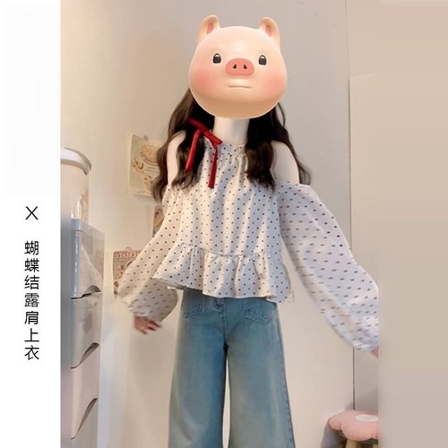 夏日漂亮露肩蝴蝶结波点衬