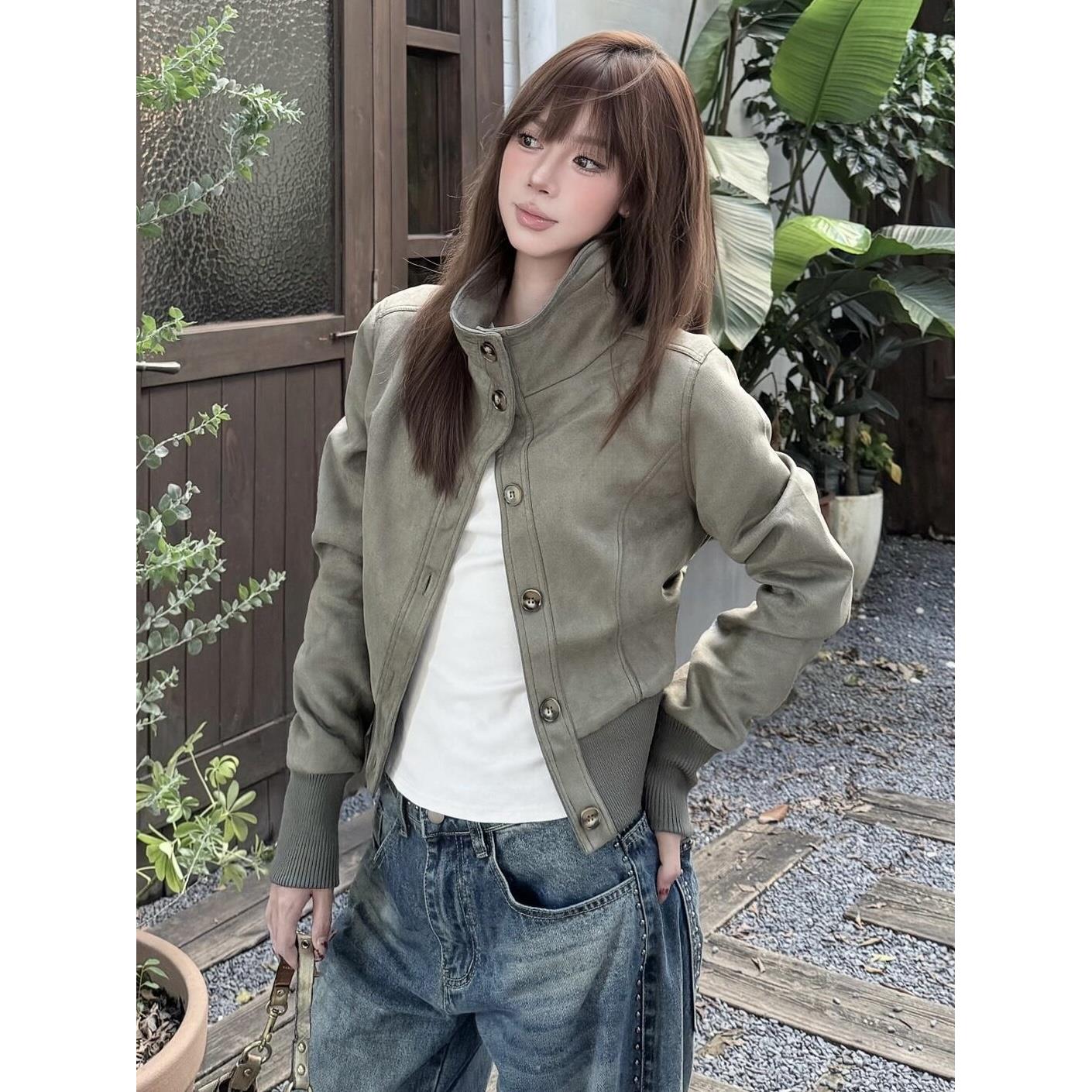 美式复古短款立领麂皮绒夹克女秋季新款韩版收腰显瘦设计感外套潮