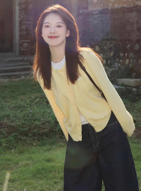 奶黄色假两件软糯针织毛衣开衫外套女春秋小个子宽松短款上衣