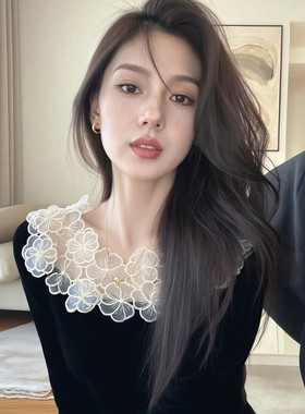 浪漫风黑色花朵蕾丝拼接丝绒衬衫女新款秋季小众不撞款内搭上衣服