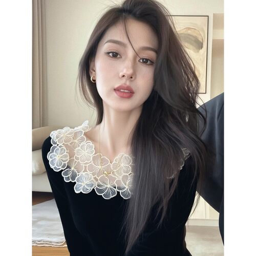 浪漫黑色蕾丝拼接丝绒衬衫女