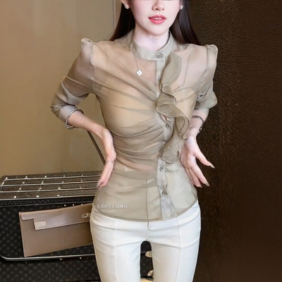 法式复古荷叶边长袖衬衫女