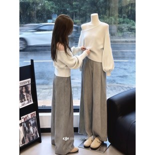 两件套 针织毛衣高腰阔腿裤 2025超火穿搭一整套早秋套装 女斜肩长袖