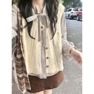 蝴蝶结格子衬衫外套女2025新爆款早秋季韩系穿搭马甲上衣两件套装