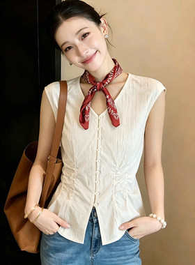 法式无袖上衣女夏季2026新款设计感小众气质白色v领收腰衬衫女夏