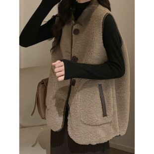 美拉德皮毛一体羊羔毛马甲外套女秋冬大码胖mm显瘦中长款外搭开衫