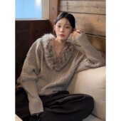复古慵懒风蝙蝠袖 现货 法式 V领毛领针织毛衣女宽松气质高级感毛衣