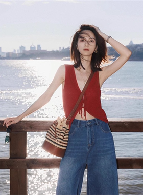 复古红色V领系带针织马甲开衫女夏绝美外穿小背心无袖上衣高级感