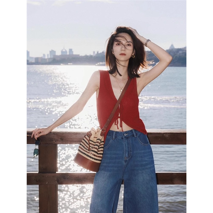 复古红色V领系带针织马甲开衫女夏绝美外穿小背心无袖上衣高级感