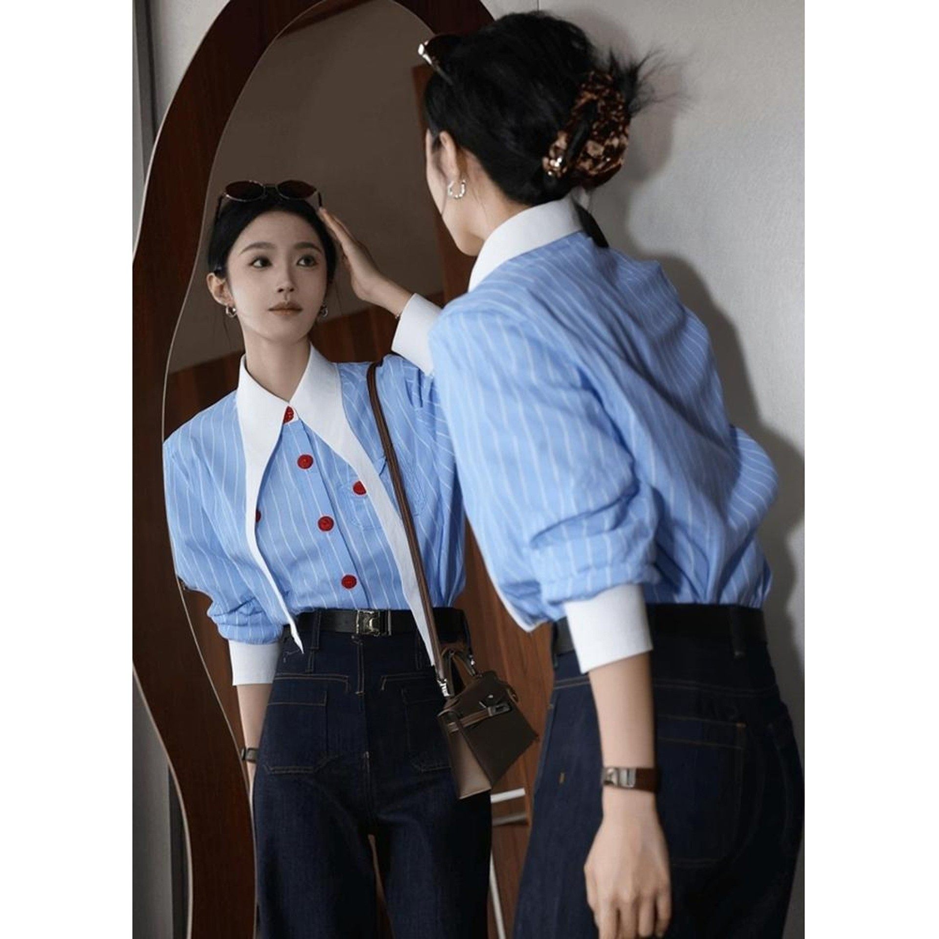 法式翻领蓝色条纹衬衫女高级设计感慵懒风宽松休闲长袖上衣秋冬季