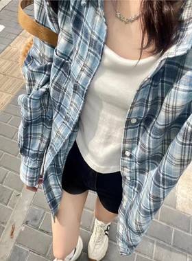 慵懒风港风休闲蓝色格纹衬衫女宽松春秋小个子洋气防晒上衣薄外套
