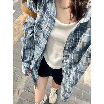慵懒风港休闲蓝色格纹衬衫