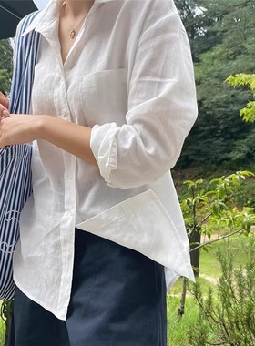 法式白色棉麻衬衫女夏季薄款小个子长袖防晒衬衣宽松外搭亚麻上衣