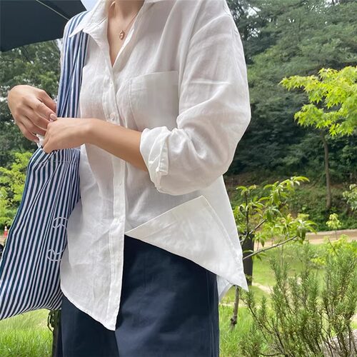 法式白色棉麻衬衫女夏季薄