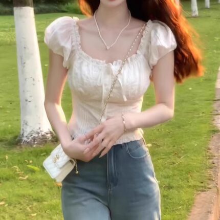 短袖衬衫女夏季泡泡袖蕾丝花边纯欲风紧身短款法式掐腰绝美小上衣