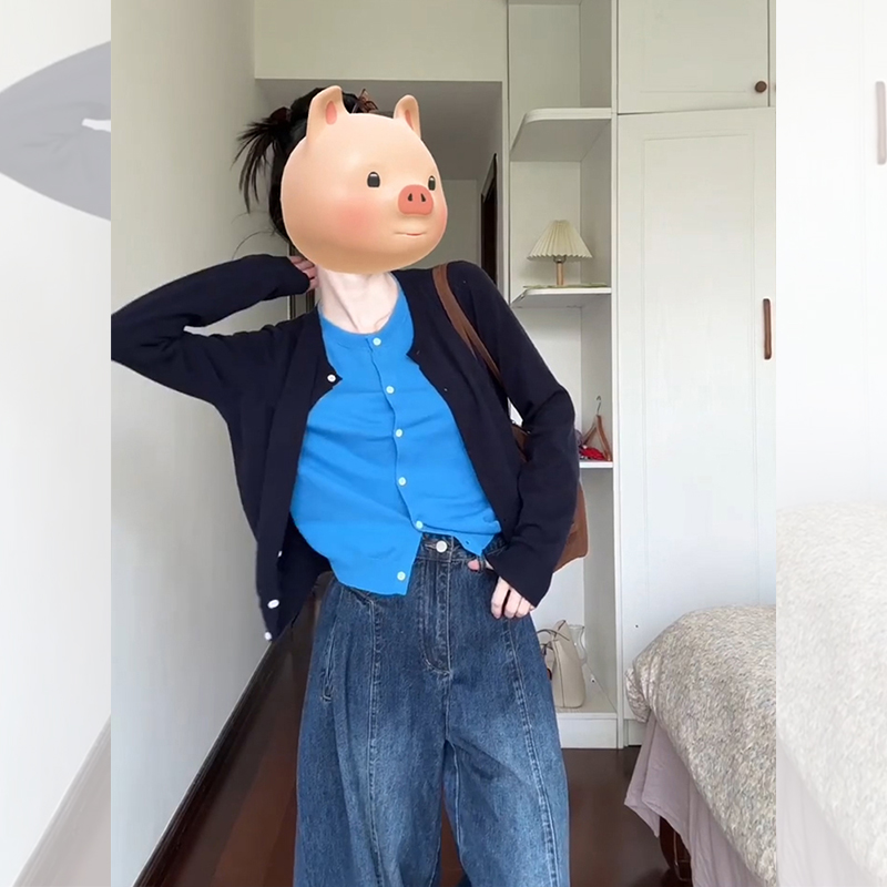 欧货独特别致蓝色假两件针