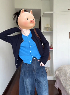 欧货独特别致蓝色假两件针织开衫女春秋撞色拼接毛衣外套洋气上衣