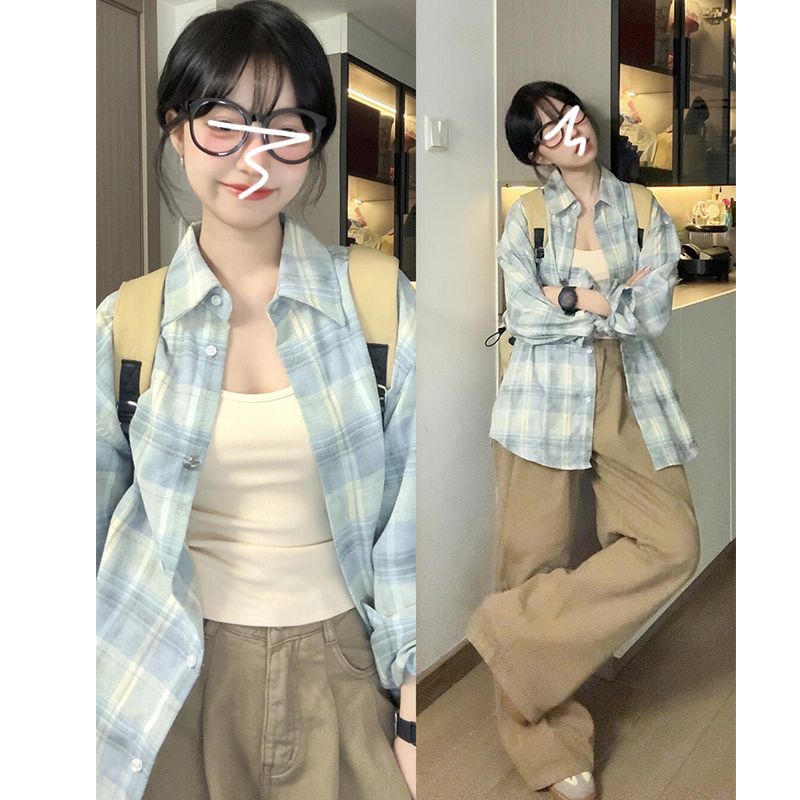 法式设计感小众蓝色格子衬