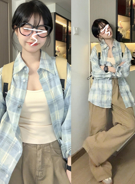 法式设计感小众蓝色格子衬衫外套春早春女装2025夏季新款衬衣上衣