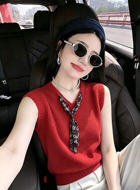 夏季轻奢红色丝巾针织冰丝背心