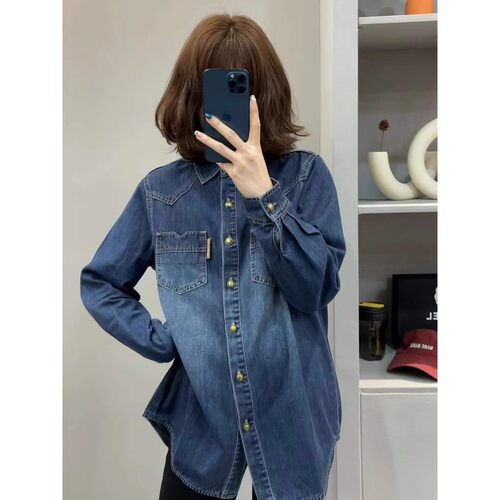 牛仔衬衫外套女加厚加绒遮屁股