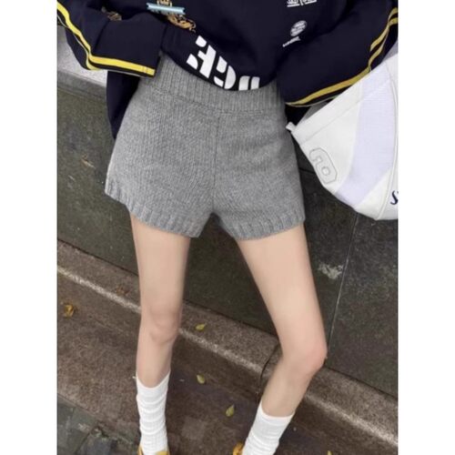 灰色毛线针织短裤女2025新