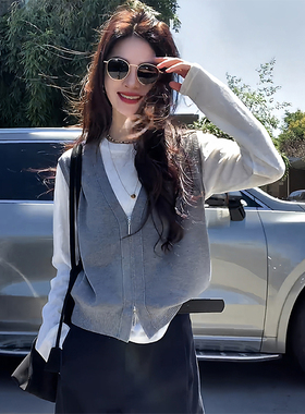 高级感灰色假两件针织衫女秋冬慵懒风宽松毛衣设计感短款外穿上衣