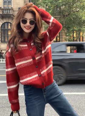 韩系穿搭红色条纹毛衣外套女2025秋冬新款慵懒风宽松上衣针织开衫
