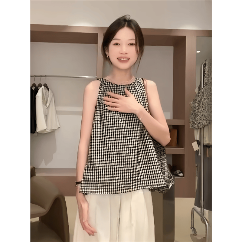 黑白格纹撞色无袖打底衫夏季时尚辣妹挂脖衬衫直筒显瘦娃娃衫背心,女装/女士精品,衬衫,淘宝优惠券,粉丝福利购,淘宝优惠卷