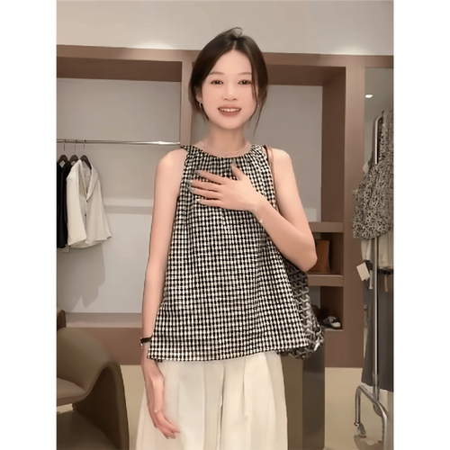 黑白格纹撞色无袖打底衫夏