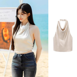 势均力敌的我们一枝南南胡蔚同款千金缎面感堆领无袖挂脖上衣吊带
